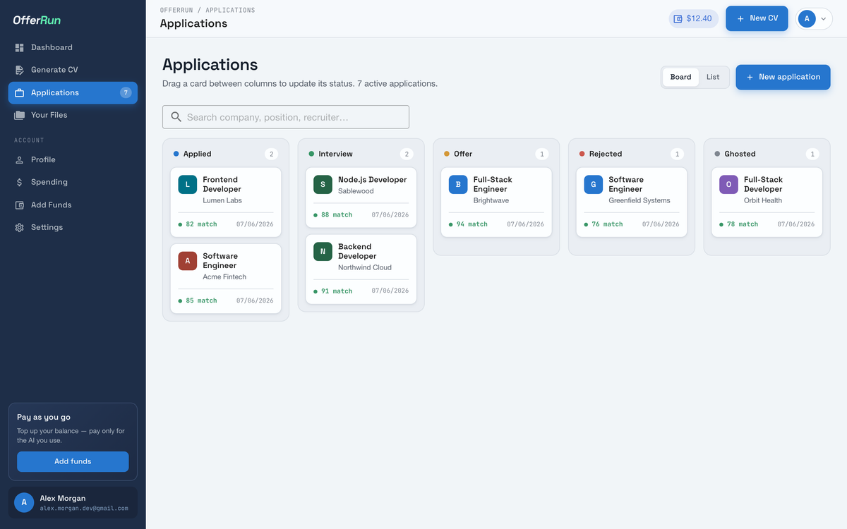 OfferRun — Track every application like a pipeline