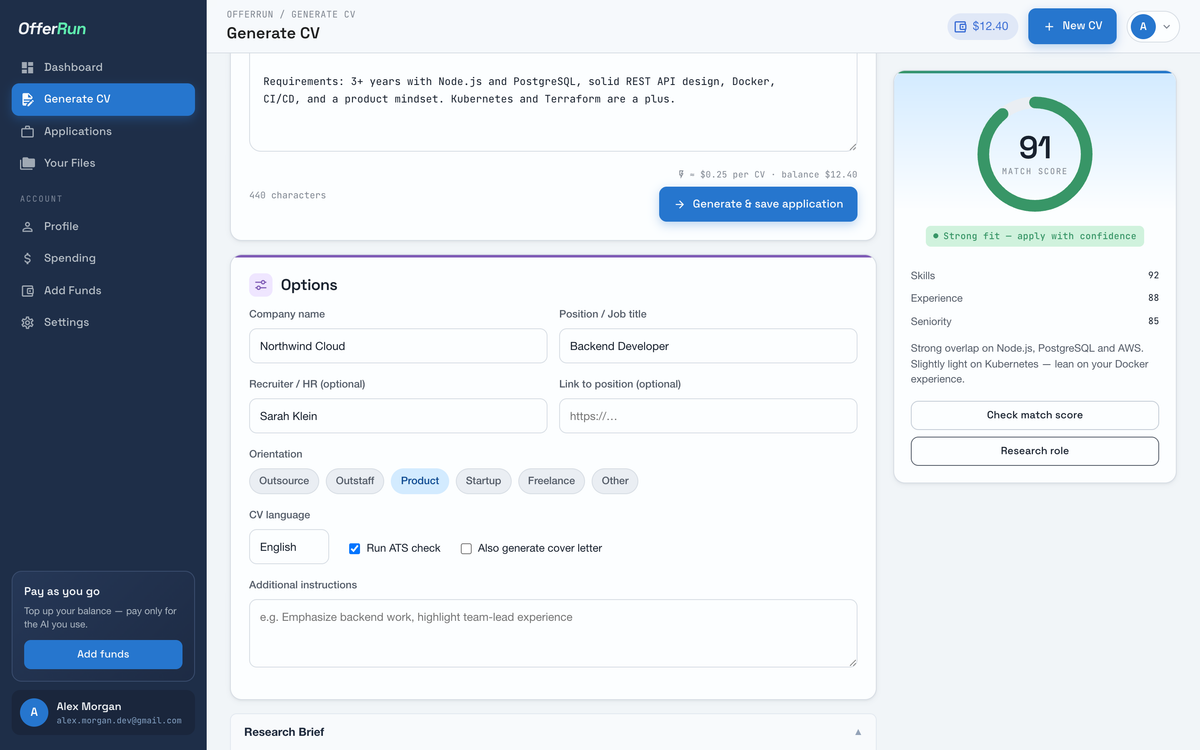 OfferRun — Tailor a CV to any job in seconds